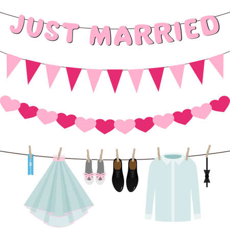 just married, letters hanging on lineのイラスト素材