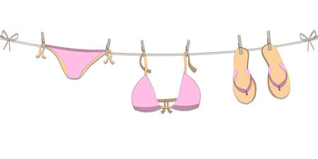 cartoon pink hanging bikini and flip flops af man and woman vector decorative garland isolated on white background for summer seasonのイラスト素材