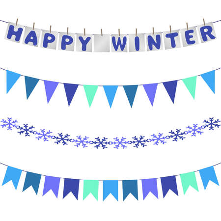 Winter set of garlands in blue colors. Flags, snowflakes and letters decorations. Vector isolated on white background. Flat style.のイラスト素材