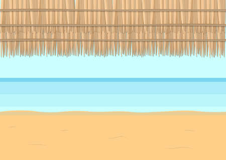 under tropical umbrella view to the sea, natural background, vector illustration for summer season in blue and yellow tonesのイラスト素材