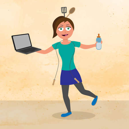 young woman balancing with baby bottle and computer in hands, work life balance concept, funny cartoon flat character, vector illustrationのイラスト素材