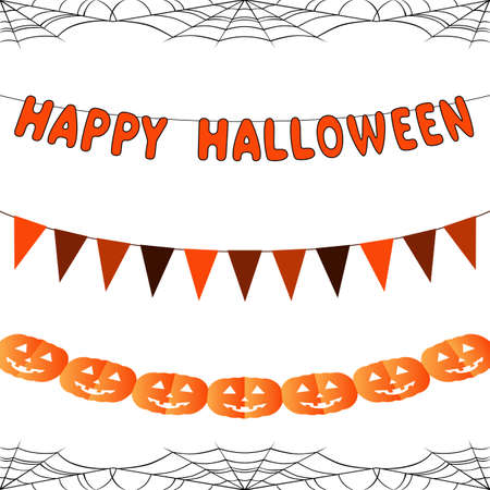 Halloween set of garlands in orange colors. Spiderweb, flags, letters, pumpkins decorations. Vector isolated on white background.のイラスト素材