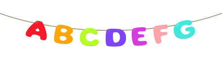 decorative alphabet garland, cut out hanging letters on line, vector isolated on white background, design for scrap booking, posters, web, greeting cards, banners, textiles, printsのイラスト素材