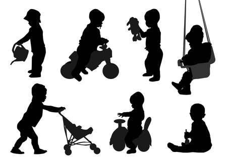 toddler (one and a half year old baby) with sprinkler, little gardener, kid playing, vector silhouette isolated on white backgroundのイラスト素材