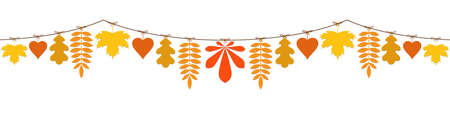 deciduos trees leaves garland in warm orange and red colors for autumn season, vector isolated on white backgroundのイラスト素材
