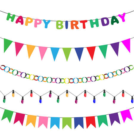 Happy birthday colorful set of garlands. Flags, letters, paper chain and bulbs decorations. Vector isolated on white background.のイラスト素材