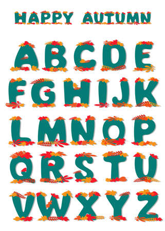 fall vector alphabet letters in flat style, blue font decorated with colorful leaves in autumn colorsのイラスト素材