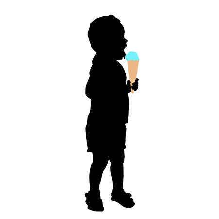 cute toddler licking ice cream, kid eating, vector silhouette isolated on white background, icon, realistic outlineのイラスト素材