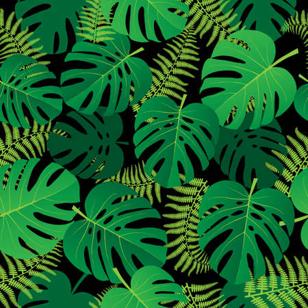 modern green and black fern and monstera leaves seamless pattern, simple cartoon flat style, isolated vector illustration, design for print, fabric, paperの写真素材