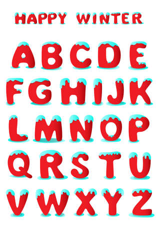 red cute snowy alphabet for winter season or christmas, decorative vector letters isolated on white backgroundのイラスト素材