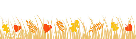 Vector illustration, border of grass and leaves in autumn colors on a white background, cartoon decorative strip for fall season, design for cosmetics, homedesign, ecology, webのイラスト素材