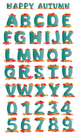 fall vector alphabet letters with numbers in flat style, blue font decorated with colorful leaves in autumn colorsのイラスト素材