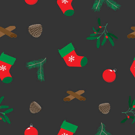 Christmas seamless pattern with red, green and brown xmas elements on dark backgroundのイラスト素材