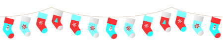 decorative christmas red stockings with pins, garland for winter season vector isolated on white backgroundのイラスト素材