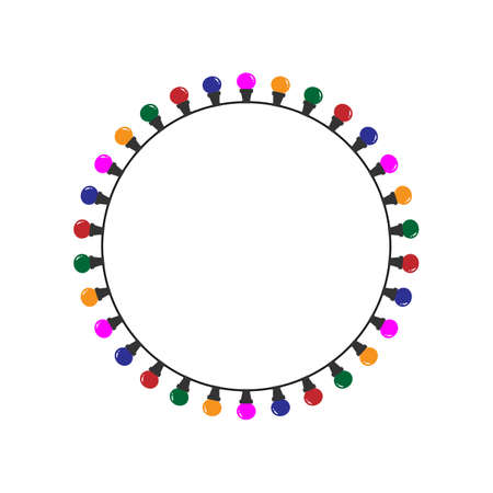 christmas tree string in circle shape, round frame from colorful bulbs , vector illustration isolated on white background, lights border, new year or xmas decorationのイラスト素材