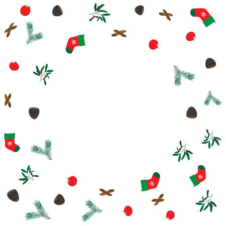 Round frame for christmas with copyspace. Background with colorful red and green xmas elements. Vector illustration for prints, web, cosmeticsのイラスト素材