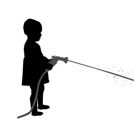kid as gardener silouette, cute toddler with hose vector illustration, icon isolated on white background, realistic outlineのイラスト素材