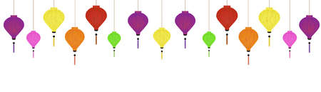 decorative traditional vietnamese colorful lanterns (violet, pink, yellow, orange, green and red) background, ornate vector garland for banners, cards, invitations, posters, webのイラスト素材