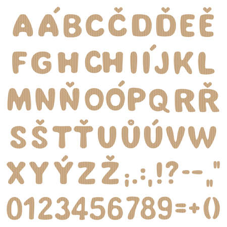 comic cartoon alphabet with characters for czech language and numbers, vector isolated on white background, letters from carton or craft paper, natural or eco design for cosmetics, diy, childrenのイラスト素材