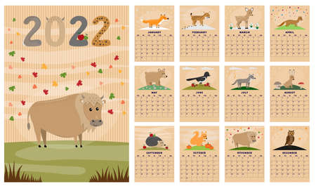 Calendar 2022. Cute monthly calendar with forest animals for children on carton background. Natural design for kids.のイラスト素材