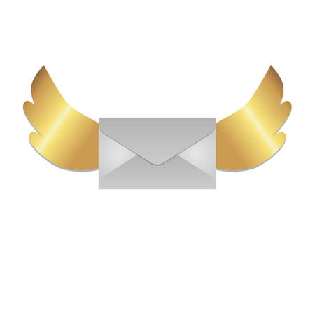 letter with golden wings isolated on white background, winged envelope, communication and post symbol, vector iconのイラスト素材