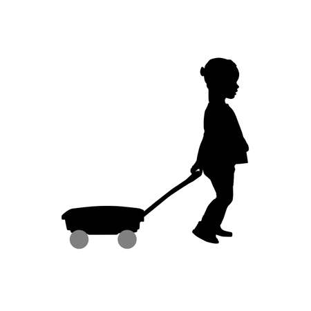 silhouette of cute toddler pulling cart, kid playing, side view, vector isolated on white background, icon, realistic outlineのイラスト素材