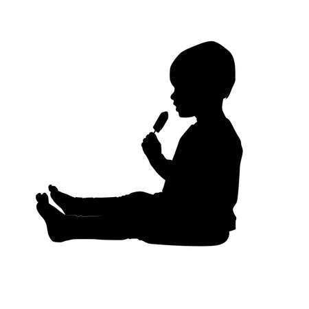 cute toddler sitting with ice lolly, kid eating, vector silhouette isolated on white background, icon, realistic outlineのイラスト素材