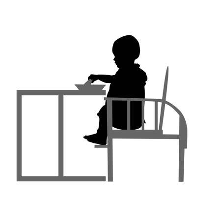 toddler sitting on chair and eating from plate with spoon, side view, vector silhouette isolated on white background, icon, realistic outlineのイラスト素材
