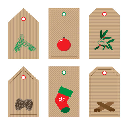A set of christmas labels on carton or craft paper with xmas decorative symbols (mistletoe, branch, stocking) in red and green colors, natural or eco design for winterのイラスト素材
