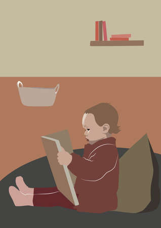 modern abstract poster of cute toddler sitting with book, kid reading, side view, vector isolated on white backgroundのイラスト素材