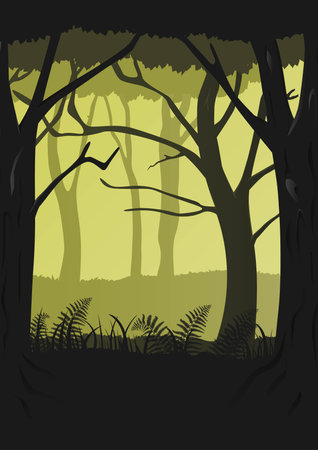 cartoon fantasy black and green leafy forest landscape, vector poster with natureのイラスト素材