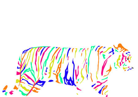 abstract modern silhouette of bengal tiger (Panthera tigris tigris) from side with colorful stripes, vector illustratin isolated on white background, realistic outlineのイラスト素材