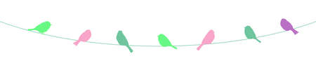 colorful birds on wire, garland for sping season isolated on white background, romantic decorationのイラスト素材