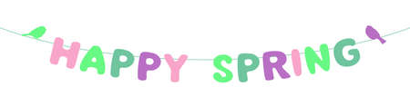 decorative happy spring text, garland with birds isolated on white background, design in pastel colorsのイラスト素材