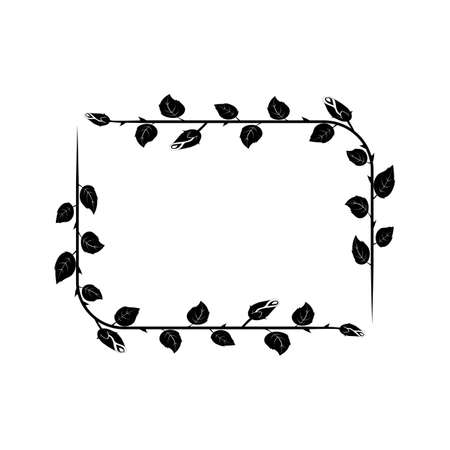 thorny branches with leaves and roses buds, black elegent classical decorative rectangular frame, vector illustrationのイラスト素材