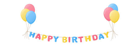 cartoon decorative happy birthday letters garland with baloons, vector illustration in pastel colors isolated on white backgroundのイラスト素材