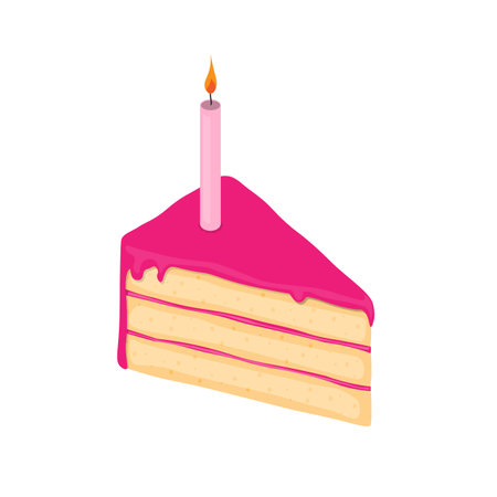 piece of cake for first birthday with one candle and pink icing. For girls. Cartoon style vector illustratoin isolated on white background. For cards, posters, invitations.のイラスト素材