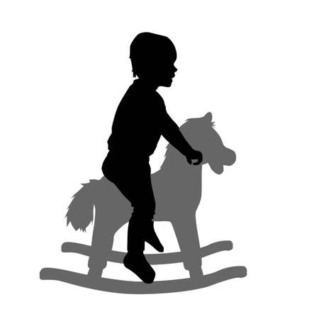 toddler on rocking horse, kid playing, vector silhouette isolated on white backgroundのイラスト素材