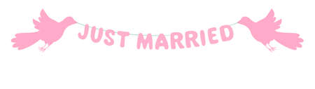 just married hanging letters garland, birds with line, vector isolated on white background, for Valentines Day, Mothers, Fathers day, wedding.のイラスト素材