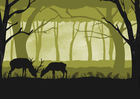 cartoon fantasy black and green leafy forest landscape with two deers eating, vector poster with natureの写真素材