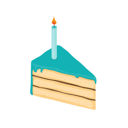 piece of cake for first birthday with one candle and blue icing. For boys. Cartoon style vector illustratoin isolated on white background. For cards, posters, invitations.のイラスト素材