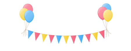 cartoon decorative triangular flags garland with baloons, vector illustration in pastel colors isolated on white backgroundのイラスト素材