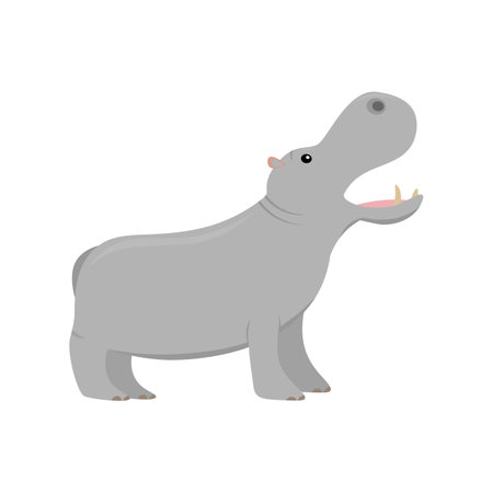 cartoon hippo with open mouth from profile, flat color vector ilustration isolated on white background for childrenのイラスト素材