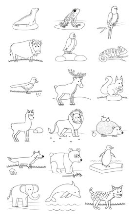 Set of animals . Black and white vector illustration for coloring book for the little ones.のイラスト素材
