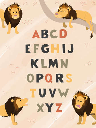 Beautiful alphabet design with cute cartoon flat lions on natural beige abstract background. Vector illustration for kids and childrenのイラスト素材