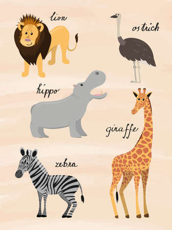 cute cartoon african animals nursery poster, natural beige background, vector illustration for children and kidsのイラスト素材