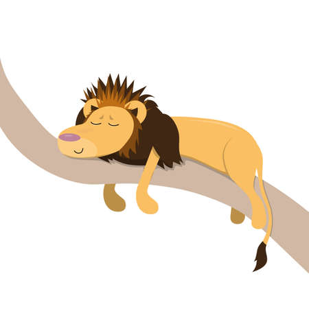 cute cartoon lion sleeping on tree, vector illustration isolated on white backgroundのイラスト素材