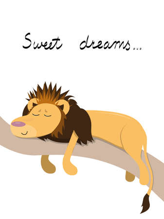 cute cartoon lion sleeping on tree, african animal poster with text sweet dreams, vector illustration isolated on white backgroundのイラスト素材