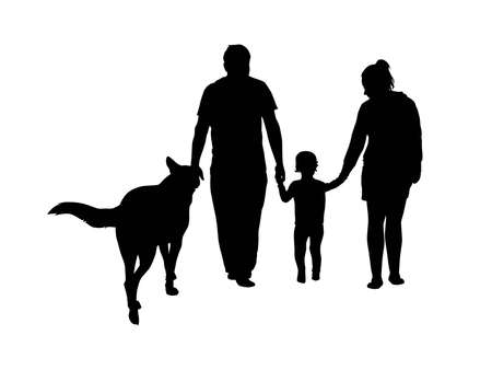 Family silhouette isolated on white background. Father,mother, baby and dog walking together. Back view. Vector illustrationのイラスト素材