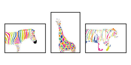Abstract modern set of posters. Zebra, giraffe, tiger in bright rainbow colors. Trendy artistic vector illustration.のイラスト素材